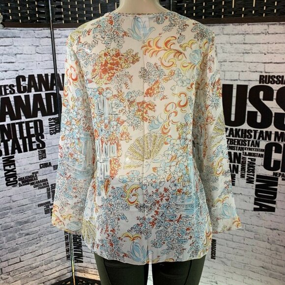 Cabi Blue Floral Silk Sheer Tie Beaded Neck Top - Picture 6 of 6